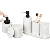 White Bathroom Accessory Set - 6 Pcs: Toothbrush Holder, Lotion & Foaming Soap Dispensers, Qtip Holder, Vanity Tray, Bathroom Tumbler, Countertop Organizer