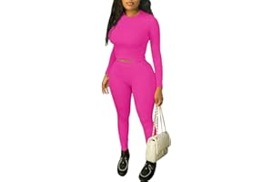 ZFLM Casual Workout Two Piece Outfits for Women Crew Neck Ribbed Long Sleeved High Waist pants Matching Sets Streetwear