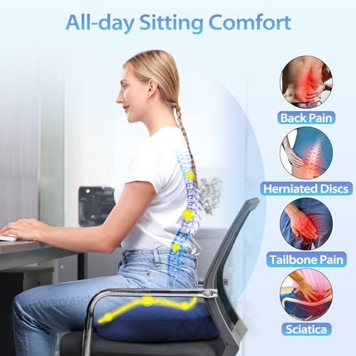 HOMCA Cushion for Coccyx Foam Hemorrhoids Cushion, Office Chair Cushion, Anti-decute Cushion for Office Seats, Wheelchair, Non-Slip Bottom, Washable Cover, Blue