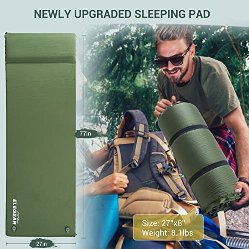 Elegear Colchoneta Camping Inflable Individual 8CM Espesor Extra, Verde | Espuma Memoria Colchón Autohinchable con Almohada, Impermeable & Plegable para Acampar Tienda Viaje en Coche Hogar