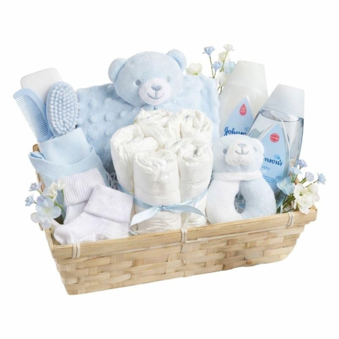 Baby Boy Hamper Gift – Baby Newborn Essentials Teddy Comforter Rattle Bib Socks with Gentle Baby Bath and Shampoo Newborn Baby Boy Gifts Basket for Baby Shower and Christening