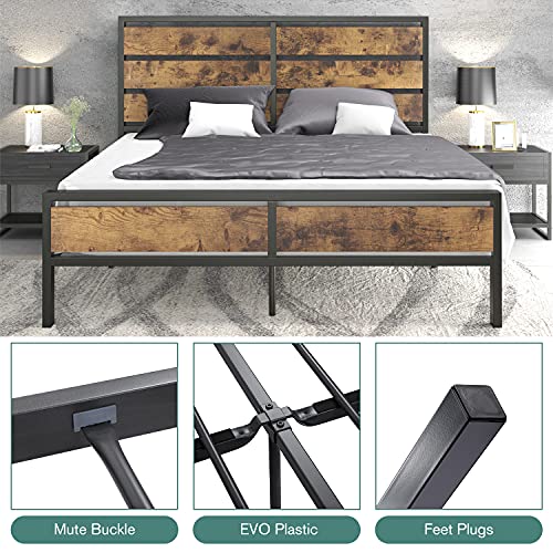 IMUsee Full Size Metal Platform Bed Frame with Wood Headboard & Footboard, Heavy Duty Bed