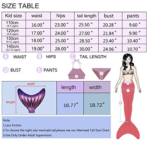 YORKING Mermaid Tail for Swimming with Monofin - Cosplay Costume Bikini Swimsuit for Girls - Pink beach-4pcs-140