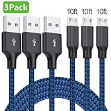 Micro USB Cable, 3Pack 10FT Android Charger Cable Long Nylon Braided Sync and Fast Charging Cord Compatible Samsung Galaxy S7 S6 Edge, Kindle, Android Smartphones, PS4, Xbox, Tablets and More