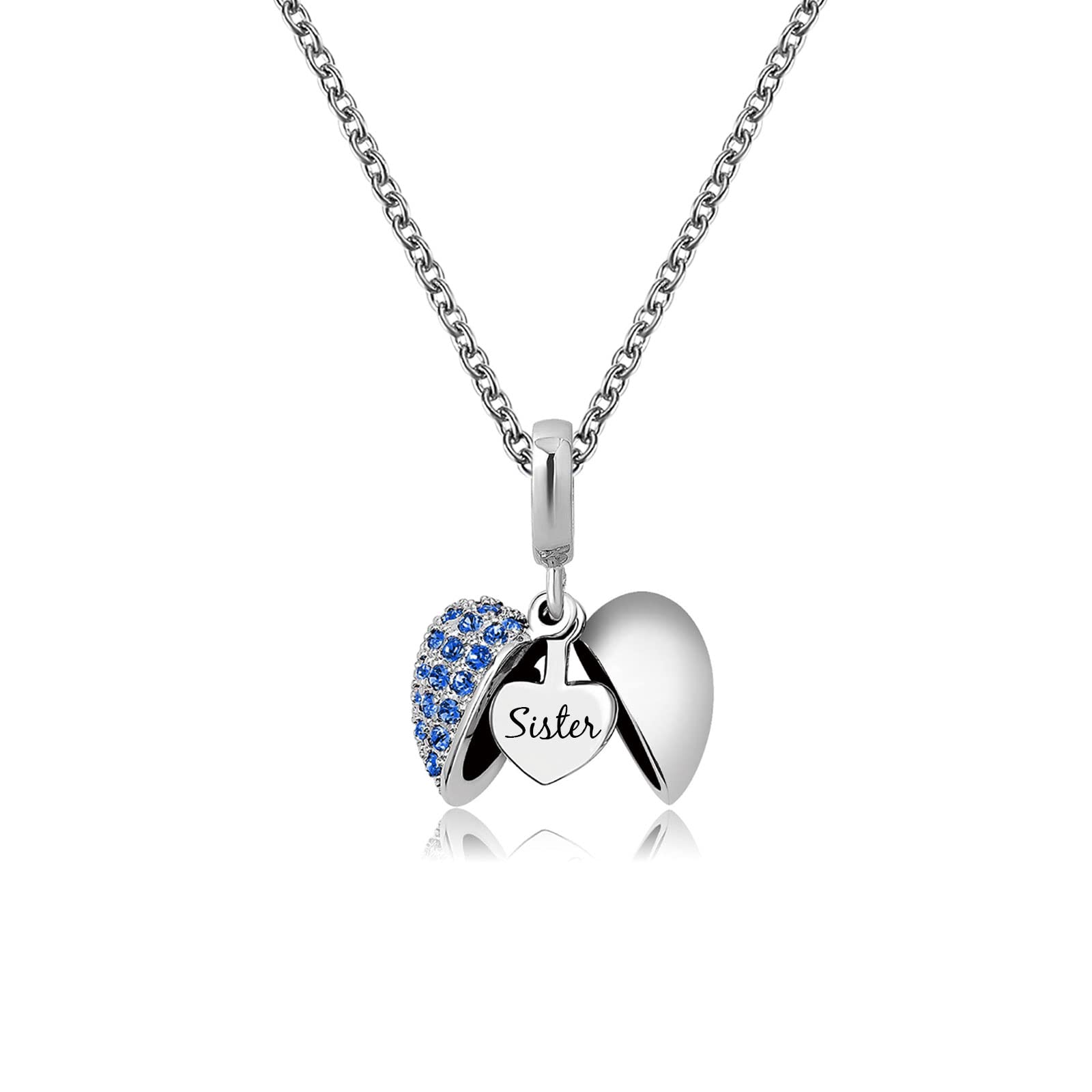 KunBead Jewelry Blue Crystal 18 inch Sister Open Heart I Love you Birthstone Charm Necklace
