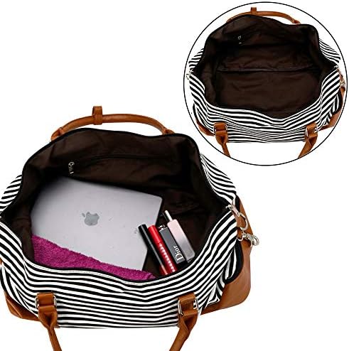 Weekender Bag Carry on Overnight Duffel for Women, Carrying Weedkend Travel Bags for Ladies, Large Canvas& PU Leather with Shoe Compartment Duffle (Black White Strips) 5 Weekender Bag Carry on Overnight Duffel for Women, Carrying Weedkend Travel Bags for Ladies, Large Canvas& PU Leather with Shoe Compartment Duffle (Black White Strips)