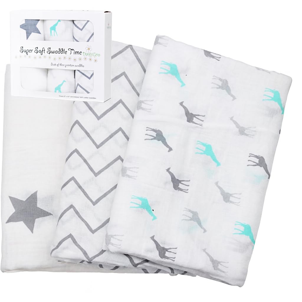 DaisyGro Newborn Swaddle Blankets 120x120cm | 3 Pack Organic Cotton Baby Swaddles | Soft Breathable Muslin for Newborn Swaddling | Gift Boxed Baby Shawl Wrap (Unisex Designs)