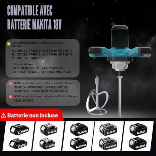 Mortar Mixer Compatible with Makita Battery, 3200W Color Mortar Beater, Max 680RPM, Electric Paddle Mixer with 6 Speed, 2 Mixing Rods (No Battery)