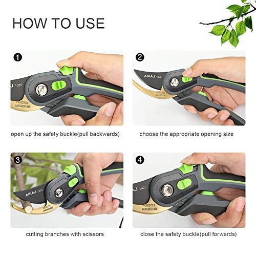 AIRAJ 8" Professional Pruning Shears, Two Adjustable Opening Degrees Hand Pruners, Great for Gardeners, Flower, Garden Trims, Grooming Garden Shears (Green) - Thumbnail 4