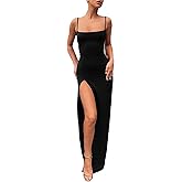 PRIMODA Women's Spaghetti Strap Bodycon Maxi Dress Long Formal Thigh-high Slit Club Wedding Guest Dress