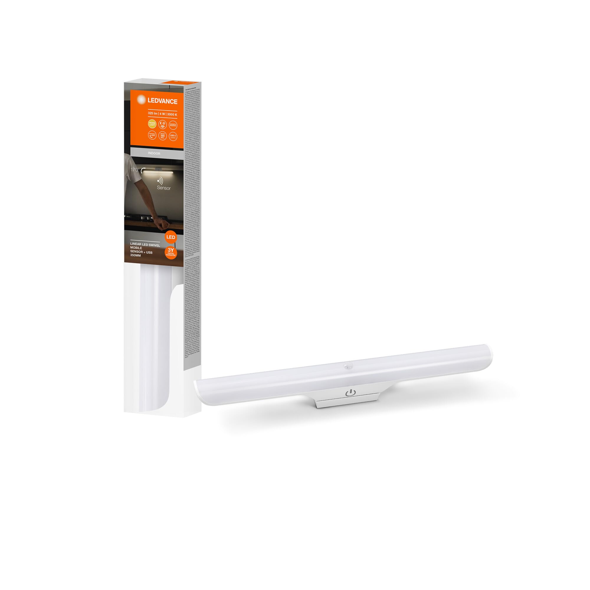 LEDVANCE Linear Led Swivel Undercabinet Light, 4W, 325Lm, Warm White Light, Magnetic Body, Motion and Daylight Sensor, Dimmable, Long Life, Ip20, 3000K