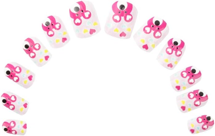 Children Fake Nails, 24pcs Press on Pre-glue Full Cover Cute Pink Bear Short False Nail Kits Gift for Kids
