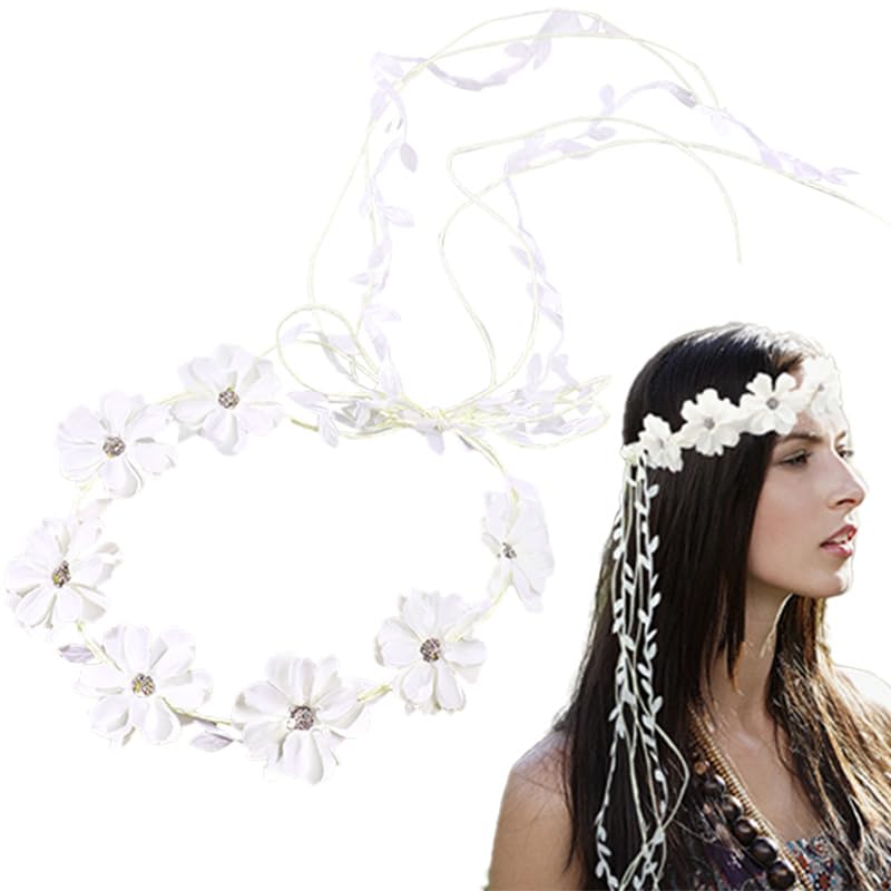Photo 1 of Atifober Hippie Daisy Flower Headbands For Women?White Flower Crown 70s Flower Headbands Fashion Floral Crown Headpiece Daisy Hair Wreath Hippie Hair Accessories For Prom Wedding Party Photo Props