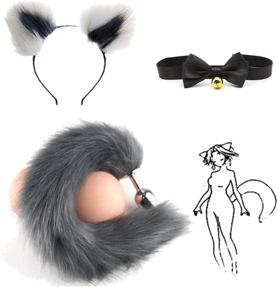 Cos- Ring Collar, Grey Fluffy B-ütt P-l-ǔ-g Fox Tail Plush and Multicolor Cat Ears Anime Set For Women Glamour Female Masquerade Props 3pcs Set Cosplay Costume Props ( Color : White+Grey , Size : M )