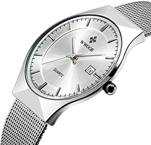 Watches Mens Military Stainless Steel Mesh Band Auto Calendar Quartz Silver Big Face Wrist Watch for Men