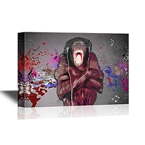 Canvas Wall Art - Chimpanzee Listinging to Music Funny Animal Concept - Gallery Wrap Modern Home Art | Ready to Hang - 12x18 inches