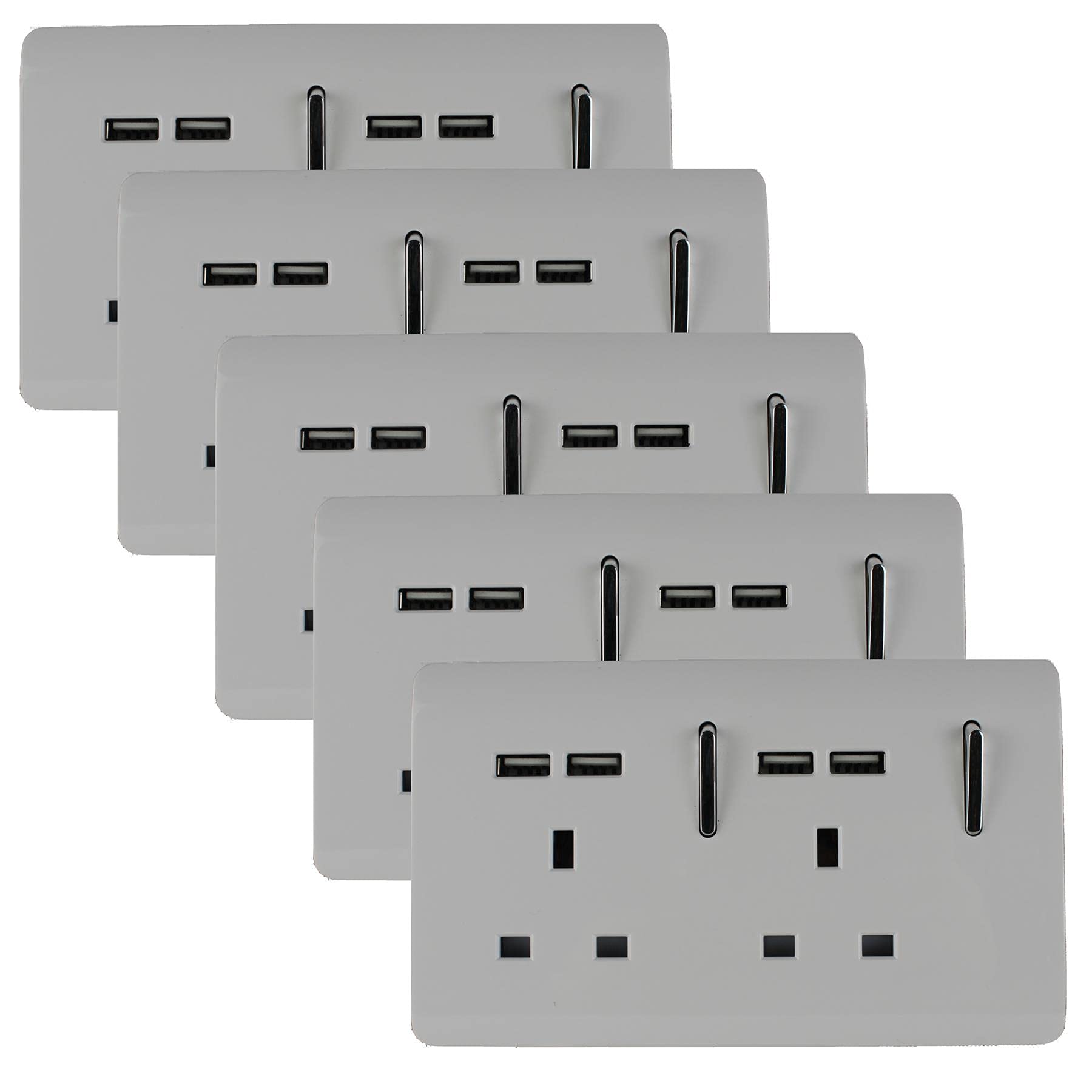 Trendi 2 Gang Artistic Modern Glossy 13 Amp Short USB Switched Plug Socket White (5 Pack)