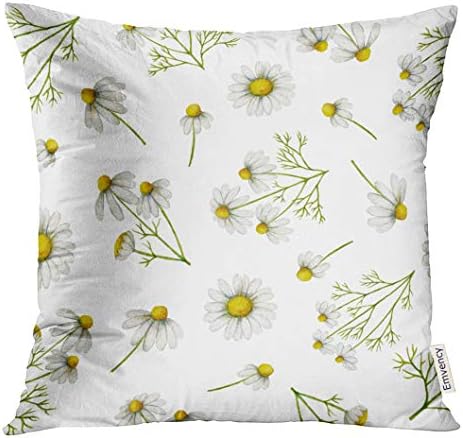 VANMI Throw Pillow Cover White Chamomile Watercolor with Daisy Flowers and Branches and Other and Projects Green Drawn Garden Decorative Pillow Case Home Decor Square 20x20 Inches Pillowcase