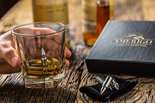 Whiskey Stones Bullets with Revolutionary Cooling Technology - Stainless Steel Whiskey Bullets Gift Set - Whiskey Gifts - Stainless Steel Ice Cubes for Whisky - Set of 6 Reusable Ice Cubes with Tongs