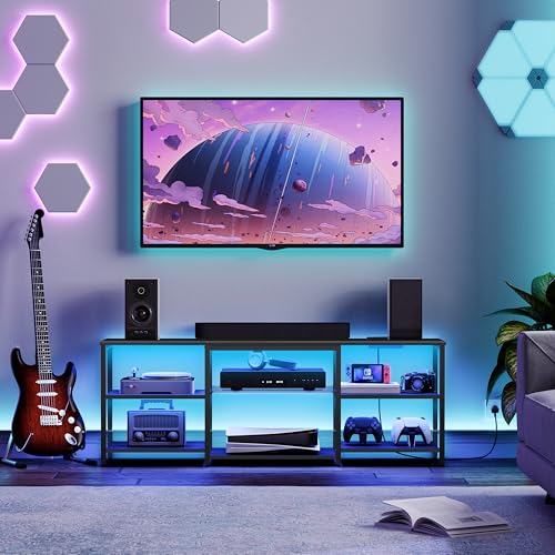 HOOBRO 3 Tier TV Table with LED Lights for 32-65 inch TV, 140cm Black TV Units with Power Outlet, Gaming TV Entertainment Center with Open Shelves for Living Room,Bedroom EBB20KDDS01