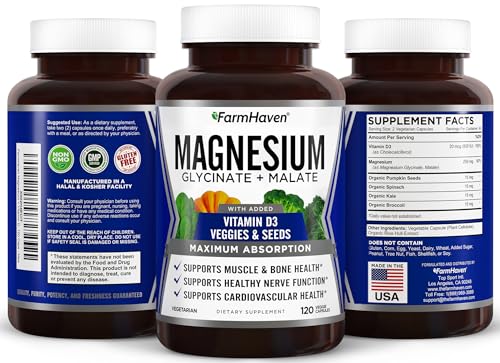 FarmHaven Magnesium Complex –Magnesium Glycinate & Malate w/Vitamin D3, 100% Chelated for Max Absorption, Vegetarian – Bone Health, Nerves, Muscles, 120 Capsules, 60 Days