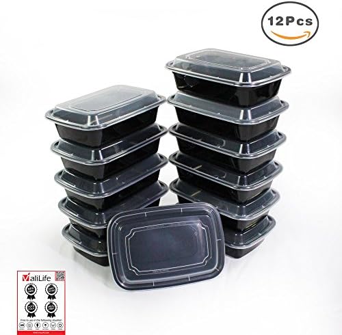 Valilife Meal Prep Bento Boxes [12 Pack] Single Compartment - Stackable, Reusable, Microwavable , Dishwasher &amp; Freezer Safe - Portion Control, 21 Day Fix &amp; Food Storage Containers (28 oz)