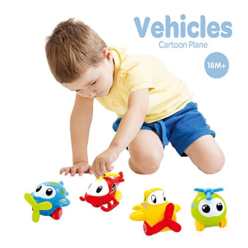 PUSITI Pull Back Cartoon Plane Assorted 4" Airplane Friction Cars Playset 4 Pack Plastic Helicopter Aircraft for Preschool Children Baby Toddlers Kids Pull-Back Vehicle Education Learning Toys