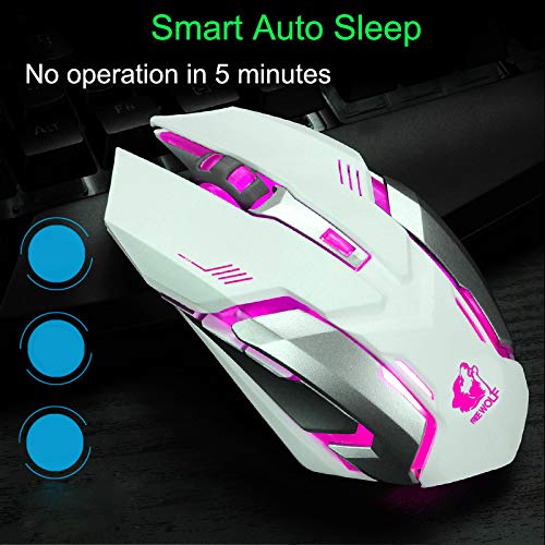 Rechargeable Wireless Mouse Silent 1600DPI 6 Buttons Breathing Blacklit Led Ergonomic Shape with AutoFire Keys (White)