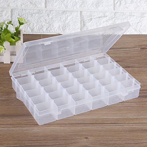 Neufday 36 Grids Clear Plastic Jewelry Box Organizer Storage Container with Adjustable Dividers