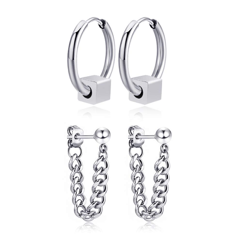 Mens Small Hoop Earrings With Cube Chain Dangle Silver 316L Stainless Steel Punk Hip Hop Rock Gothic Style Kpop Earrings For Men Women (Steel-2)