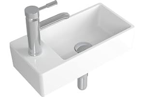 Albriya Bathroom Ceramic Washbasin and Faucet Combo White Small Sink Wall Mount Sink Corner Sink Set Chrome Pop-up Drain Included (Sink with Faucet & Drain)