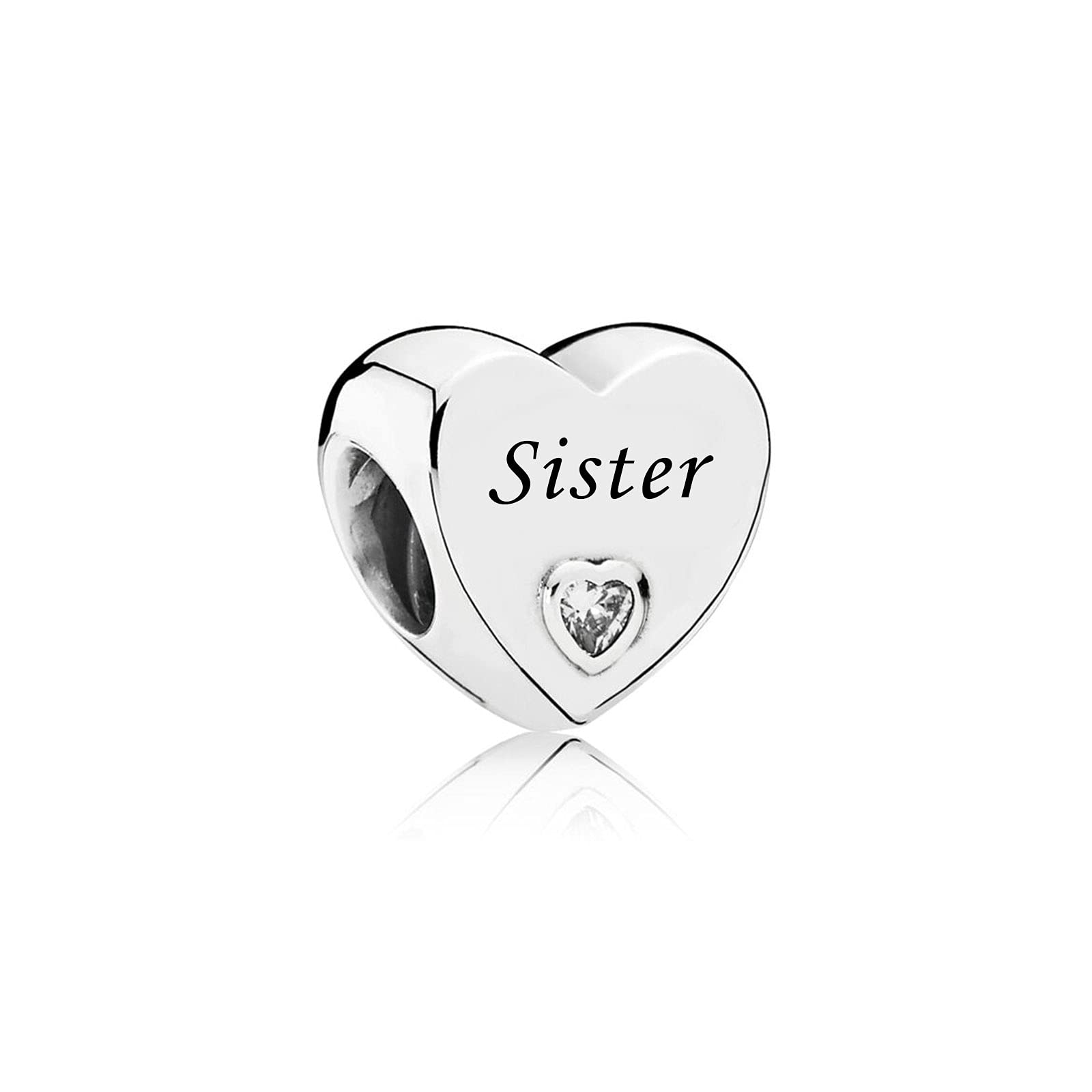 FGT Sister S925 Clear CZ Heart Charm fits Pandora Charms Bracelets Necklaces Pendants Birthday Jewellery Gift for Women Daughter Friendship