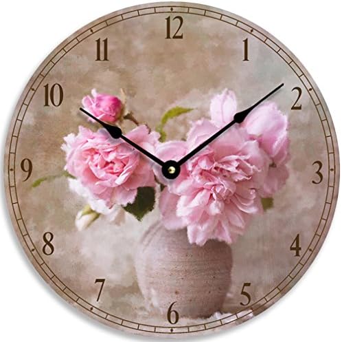 Vintage floral design 10 inch wall or kitchen clock. Pink flowers in a vase impressionist image.