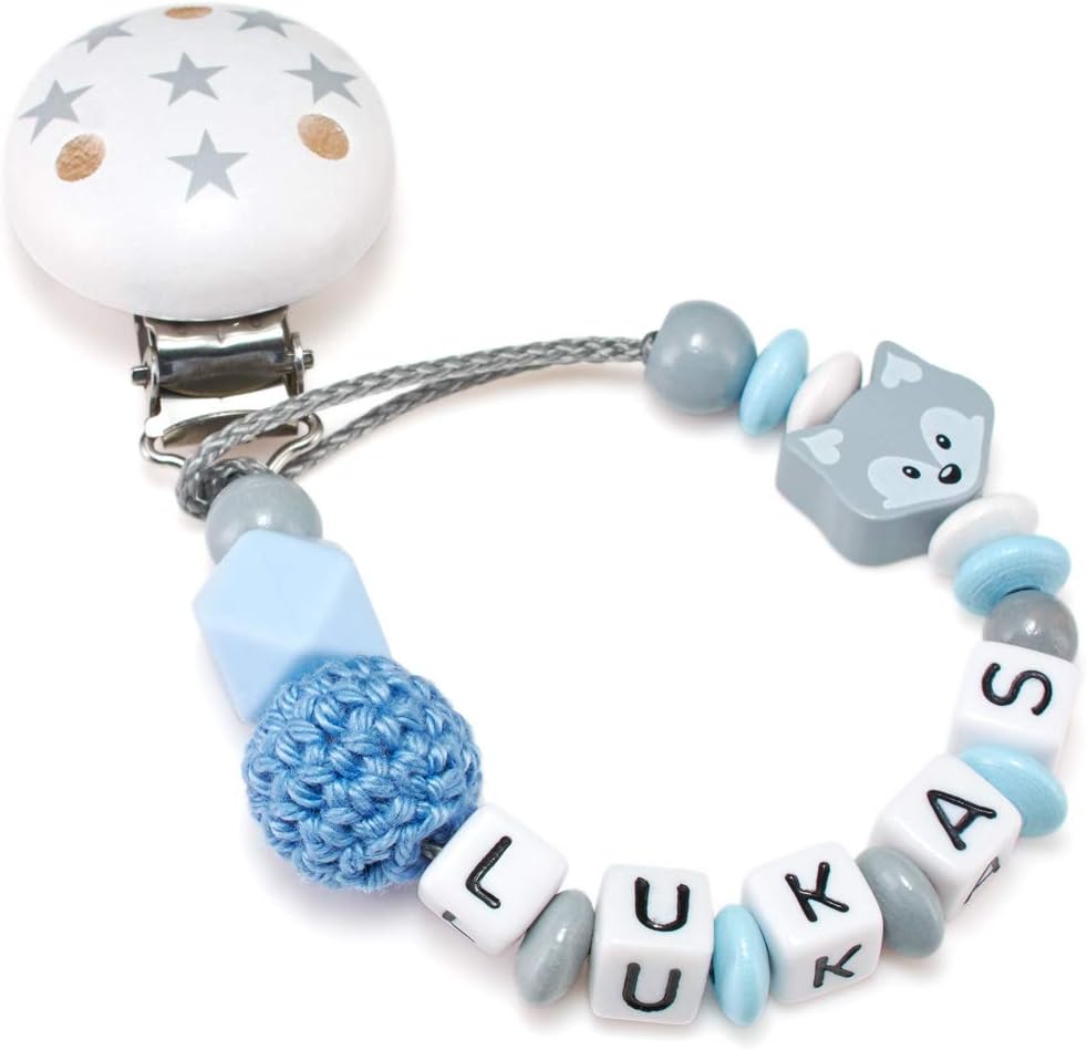 Personalised Baby Dummy Clips. Pacifier Clip. Dummy Chain. Dummy Holder (Mini Fox, Blue, hexagone)