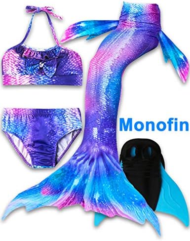 4 Pcs Girls' Swimsuits Mermaid Tails for Swimming with Monofin Princess Swimmable Bathing Suits Bikini Set