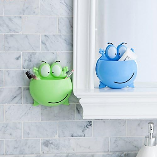 Baby Cartoon Bathroom Toys Storage Organizer，Adjustable Animal Toothbrush Toothpaste Wall Holder for Kids Children,Candy Color Bathroom Accessories Sets Gift For your Child,Frog (Blue)