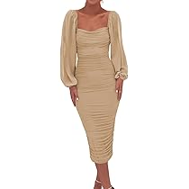 エムミーエメPuff sleeves studded long onepiece BZSFW Women Long Puff Sleeve Ruched Bodycon Dress Square