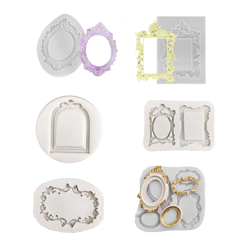 Vokowin 6 PCS Vintage Frame Silicone Mold, Baroque Style Silicone Cake Decorating Mould, Curlicues Scroll Lace Photo Frame Silicone Molds for Sugar Gum Paste Chocolate Cookies Clay for DIY (K366-6)