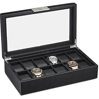 Glenor Co Watch Box for Men – 12 Slot Luxury Carbon Fiber Design Display Case, Large Holder, Metal Buckle – Black