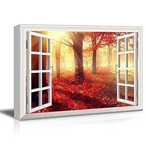 3D Visual Effect View Through Window Frame Red Tree in The Park During The Fall Season Gallery 12x18 inches