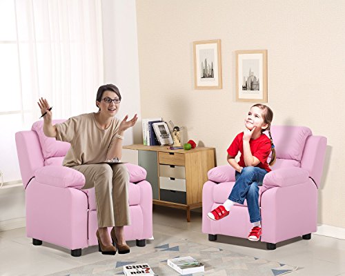 LCH Contemporary PU Leather Kids Recliner with Deluxe Padded Backrest and Flip-up Storage Arms, Mini Little Small Recliner Sofa Chair for Baby Toddler Boys Girls Childrens - Light Pink