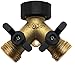 Kasian House Heavy Duty Brass Garden Hose Splitter, Y Valve, 2 Way Connector for Outdoor Faucet, Outside Water Bib Spigot Adapter, Large Comfort Grip Handles, 2 Extra Rubber Washers