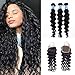 BLY 8A Brazilian Virgin Human Hair Loose Deep Wave 3 Bundles with Lace Closure -Unprocessed Remy Mink Loose Curly Hair Extensions Weave Natural Color (18 20 22+closure 16)
