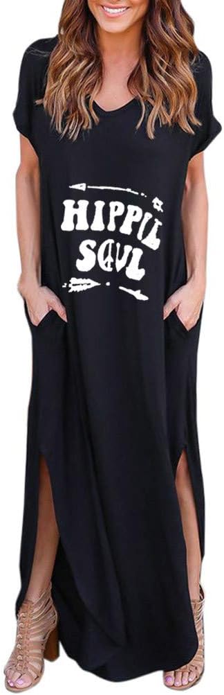 Women Sundress HIPPIE SOUL Print Skirt Loose Summer Beach Ball Gown Short Sleeves Floor Length Long Maxi Dresses