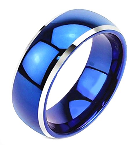 King Will Men's 8mm Tungsten Carbide Ring Two Tone Blue Plated Polish Beveled Edge Wedding Band(9.5)