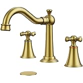 Hurran 8 Inch Widespread Bathroom Sink Faucet Brushed Gold, 3 Hole 2 Cross Handles Classic Vintage Antique Faucet with Metal Pop Up Drain and Supply Hoses for Vanity, RV, Farmhouse