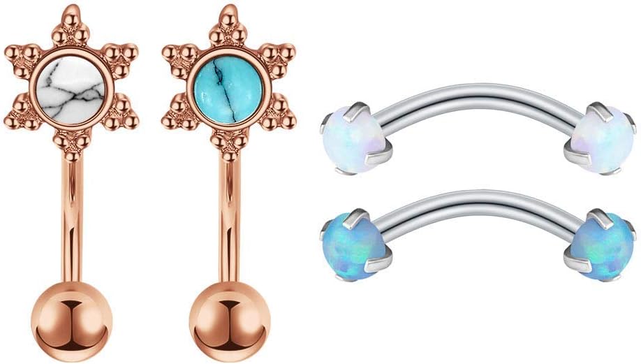 16G Rook Earrings Daith Snug Piercing Jewelry Eyebrow Ring Surgical Steel Flower Opal Curved Barbell Anti Tragus Belly Button Ring for Women Men Silver Rose Gold 6mm 8mm