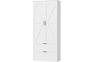 HOSTACK 70" Tall Kitchen Pantry Storage, Barn Doors Pantry Cabinet with Drawers and Adjustable Shelf, Modern Farmhouse Storage Cabinet for Kitchen, Dining Room, Living Room, Bathroom, White