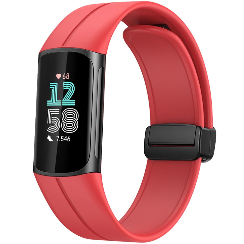 Miimall Magnetic Strap for Fitbit Charge 6 /Fitbit Charge 5 Strap, Soft Silicone Sport Straps for Women Men, Adjustable Replacement Band-Red