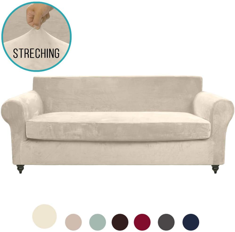 MOYMO 2-Piece Stretch Velvet Sofa Slipcover, High Stretch Couch Covers for 3 Cushion Couch, Slipcovers for Sofas, Couch Covers for Sofa, Living Room, Dogs, Sofa/Couch Cover(Sofa:Beige)